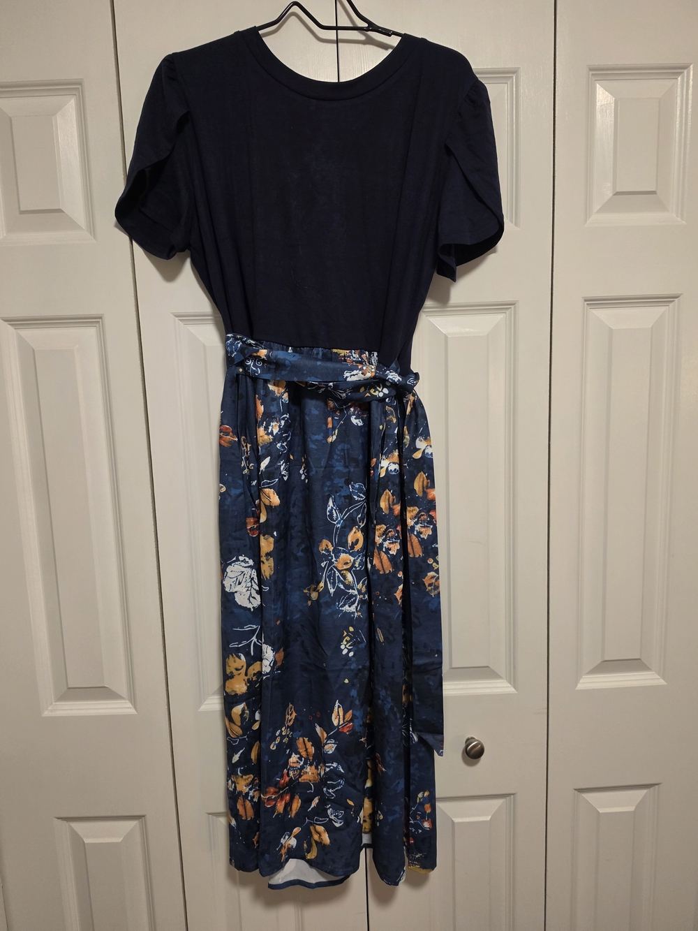 Navy Floral Tie-Waist Midi Dress